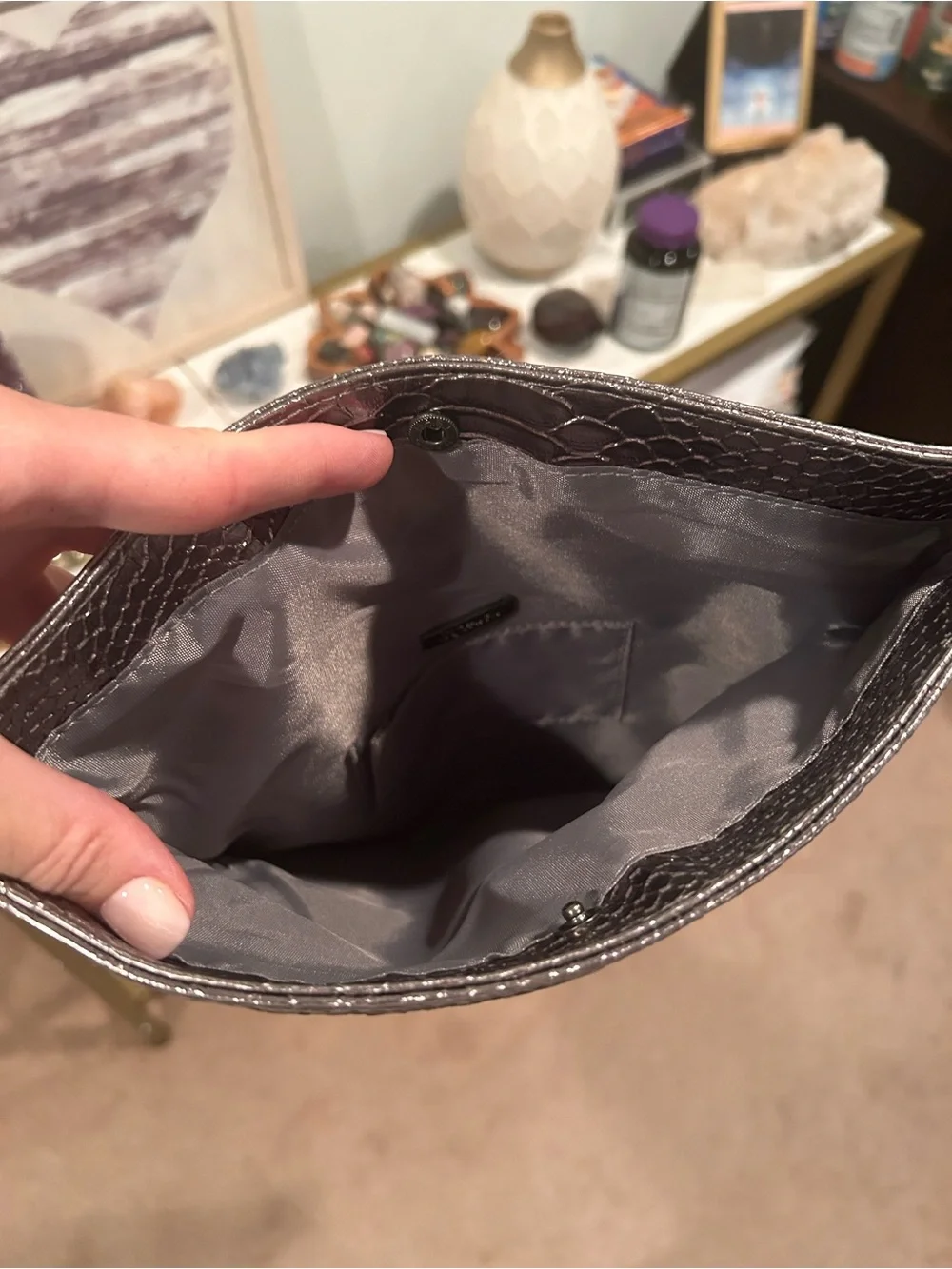 Metallic Textured Fold-Over Clutch Handbag - Pewter